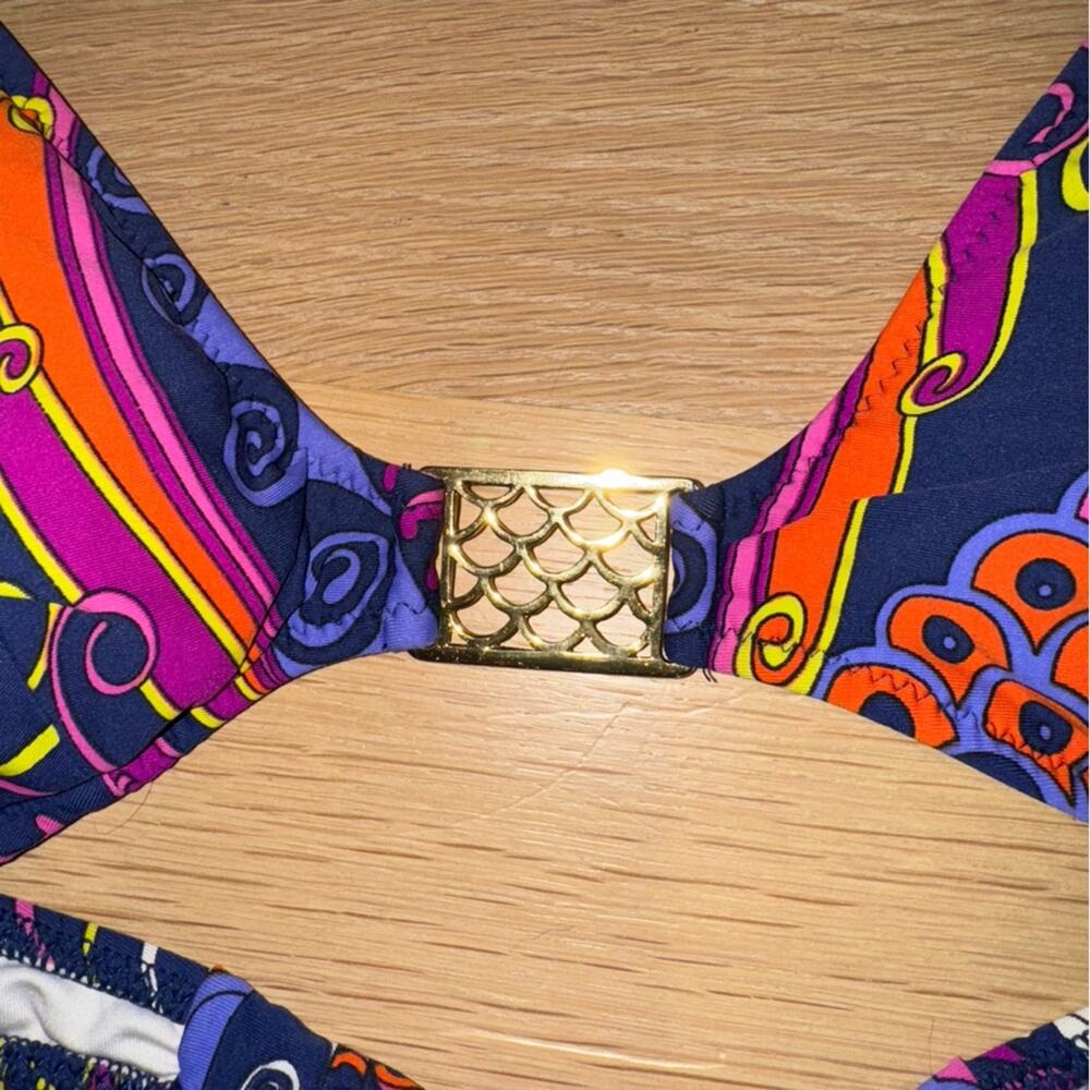 Trina Turk Triangle Blue Bikini Top with Gold Medallion 6 - Picture 4 of 8